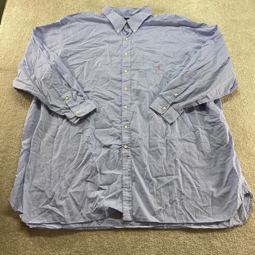 Ralph Lauren Shirt Mens 21 36-37 Tall Blue Gingham Check Cotton Button Down